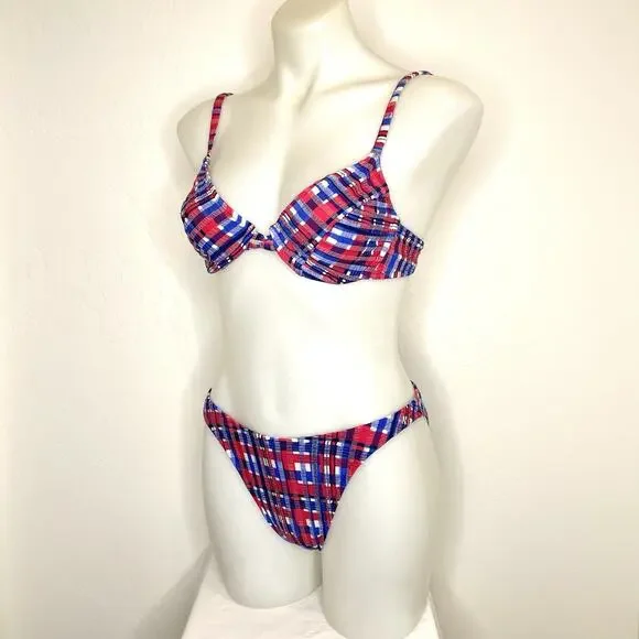 Vintage 90’s Hobie Bikini Swimsuit Set 2 Piece Womens 11/12 Red Blue Plaid USA
